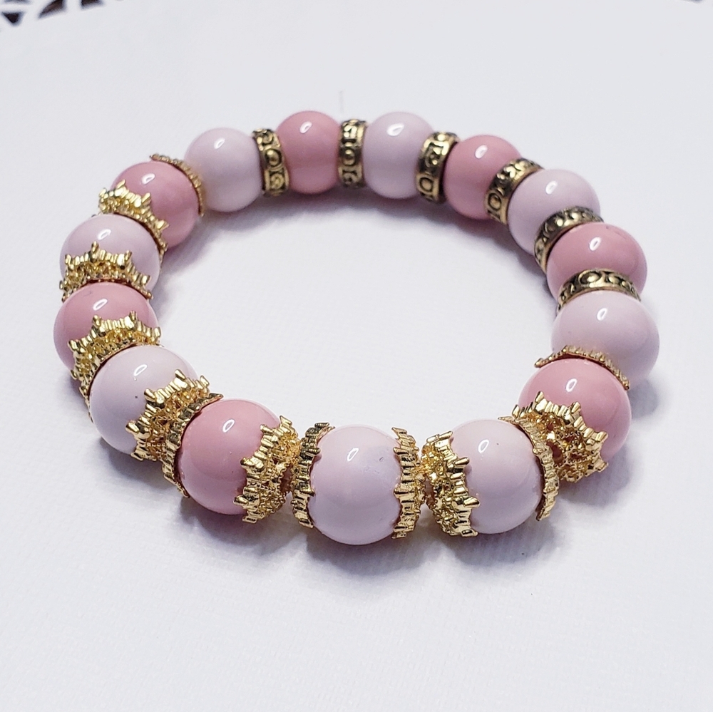 Elegant Gold and Ceramic Two Tone Pink Beaded Stretch Bracelet 0101 - Picture 4 of 4